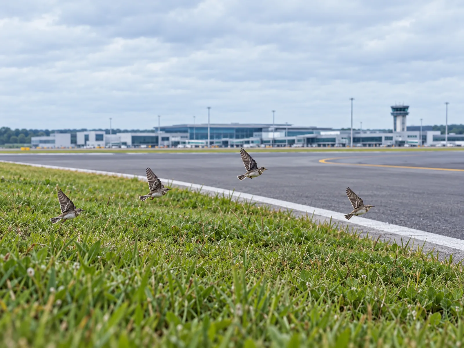 AI-generated birds taking flight beside an airport runway