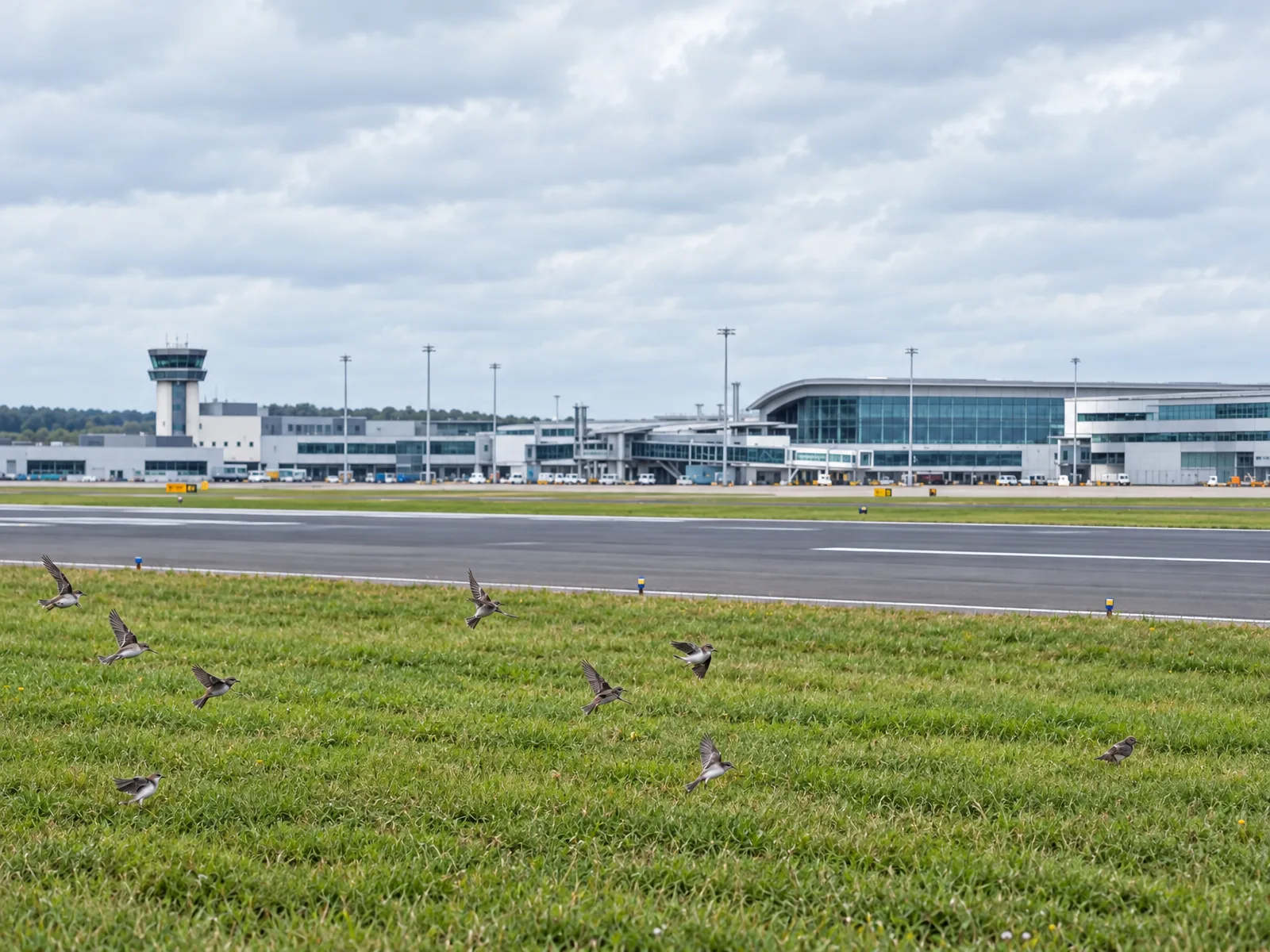 Illustrative birds over grass beside a civil airport runway
