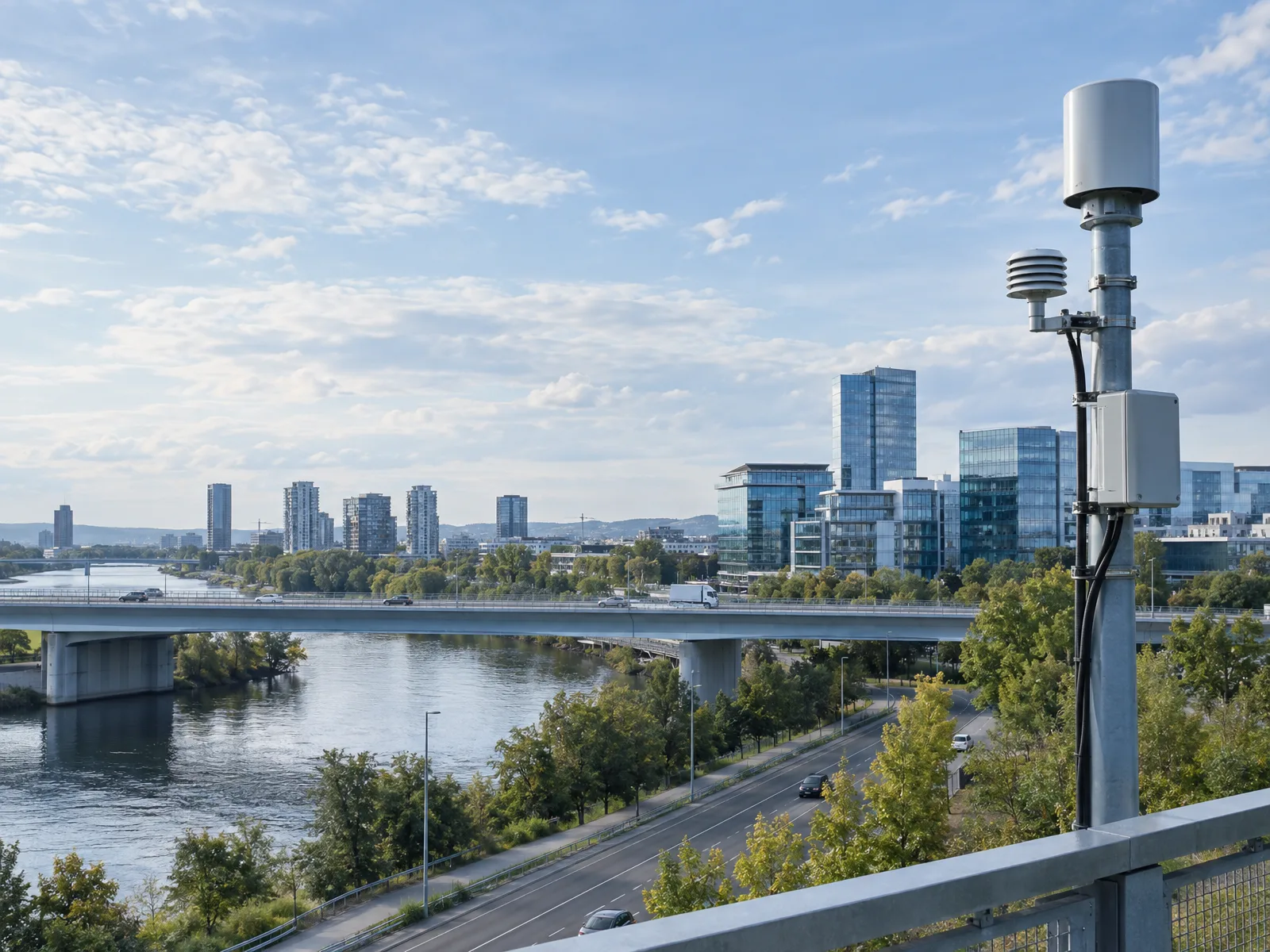 Open airspace above urban civil infrastructure and a river crossing