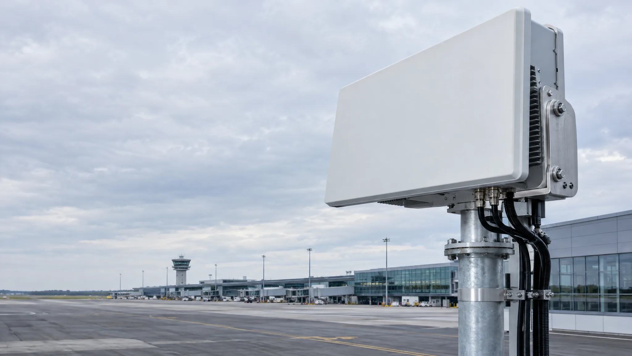 AI-generated civil radar scene beside airport infrastructure