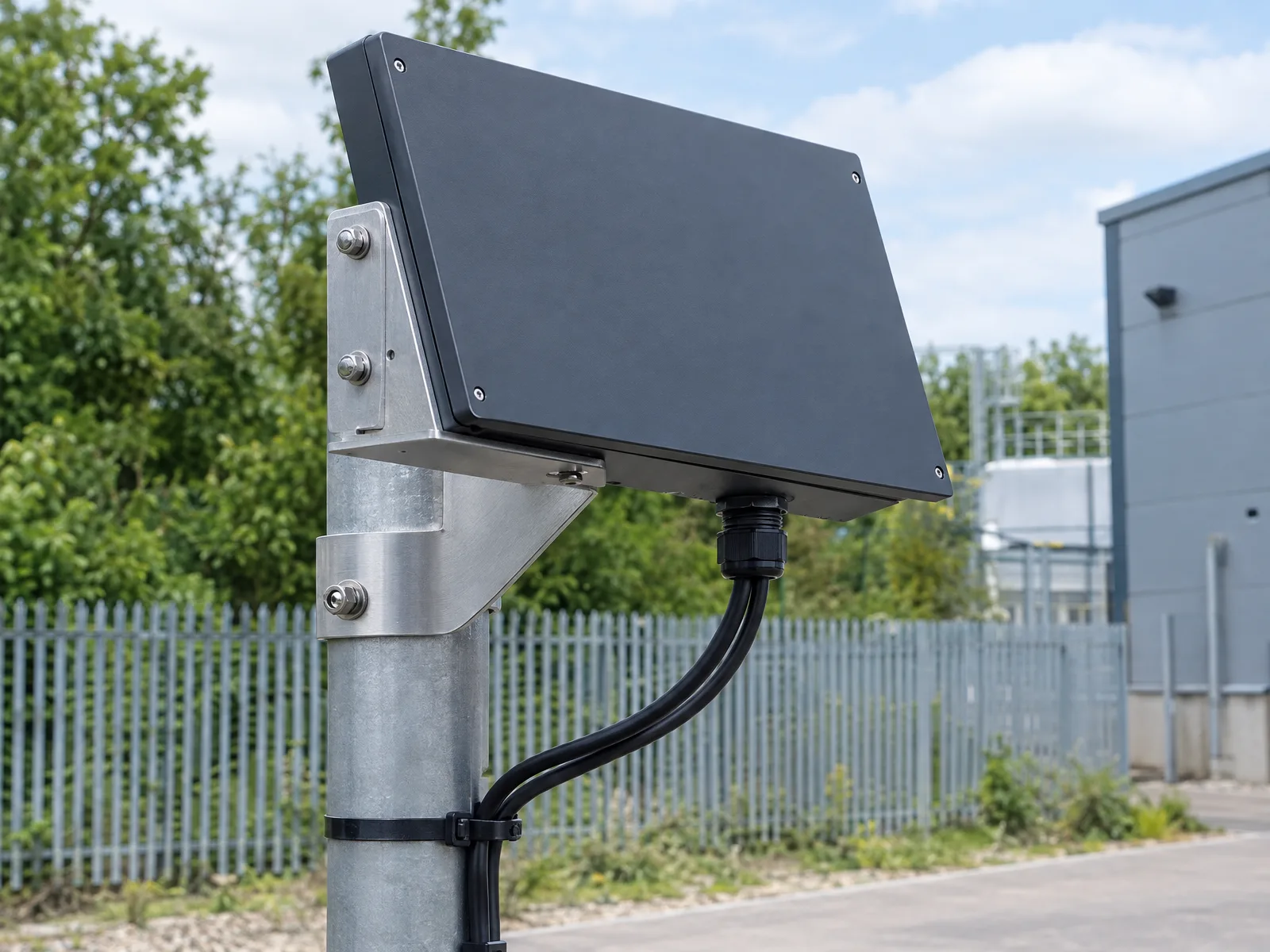 AI-generated radar concept beside industrial fencing