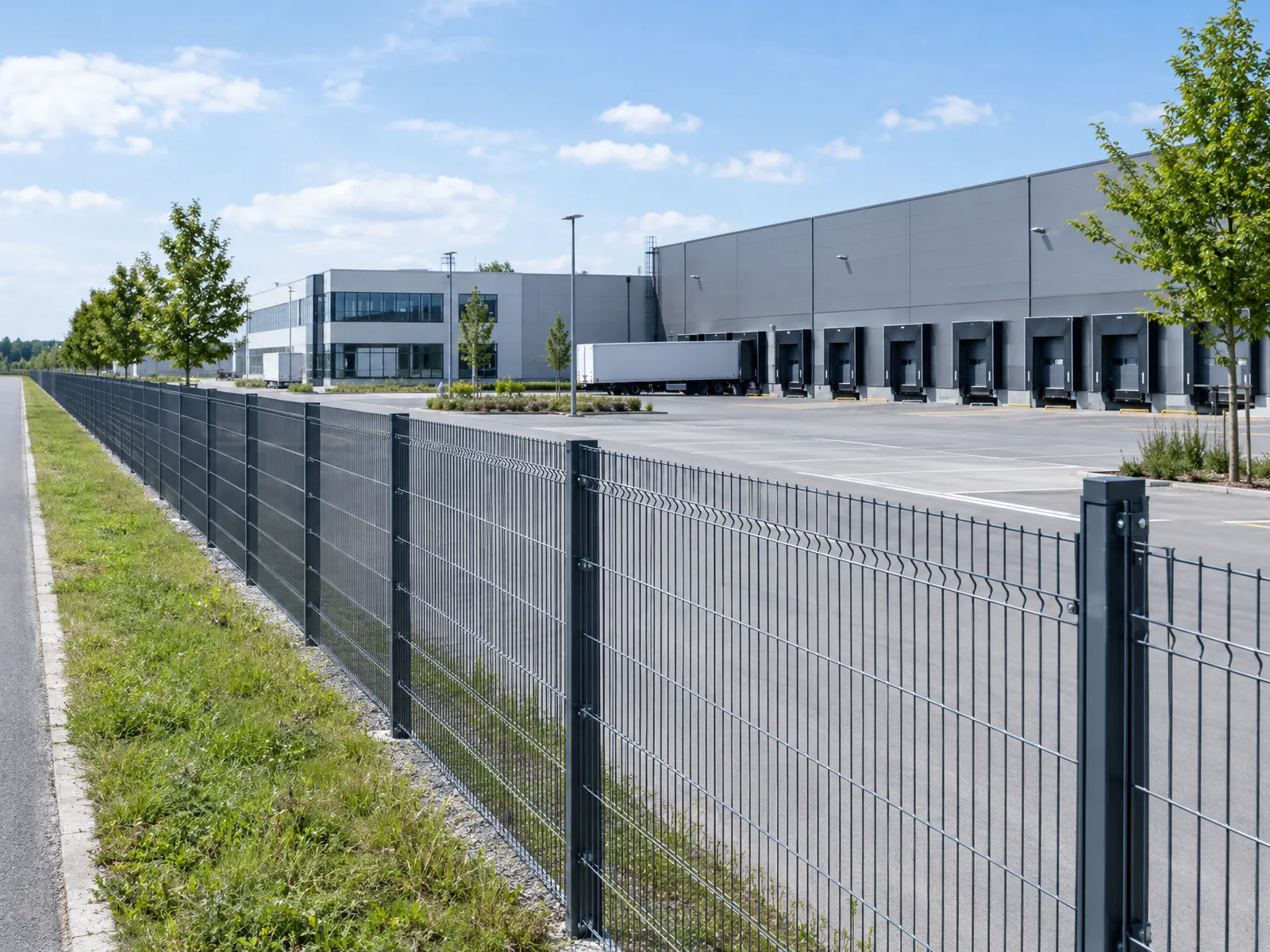 Steel perimeter fence bordering a modern industrial yard