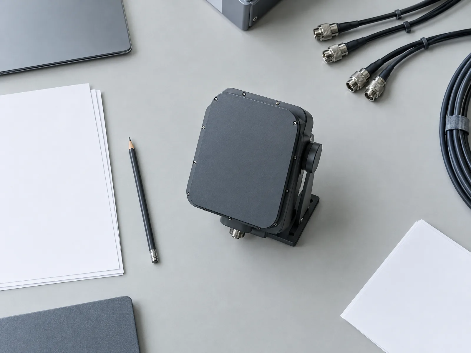 Unbranded radar component, blank pages and neatly routed cables on a technical desk