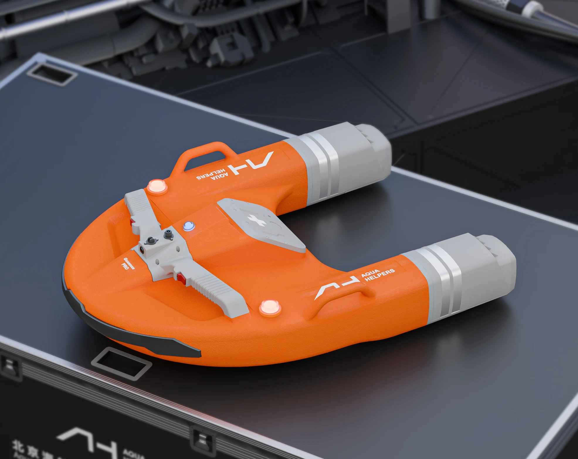 Orange Aqua Helpers GUARDIAN PRO water-rescue robot on a display case in a manufacturer render.