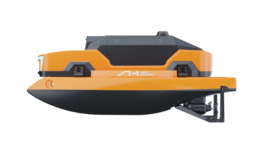 Side view of the orange and black Aqua Helpers HUNTER hull in the manufacturer's brochure render.