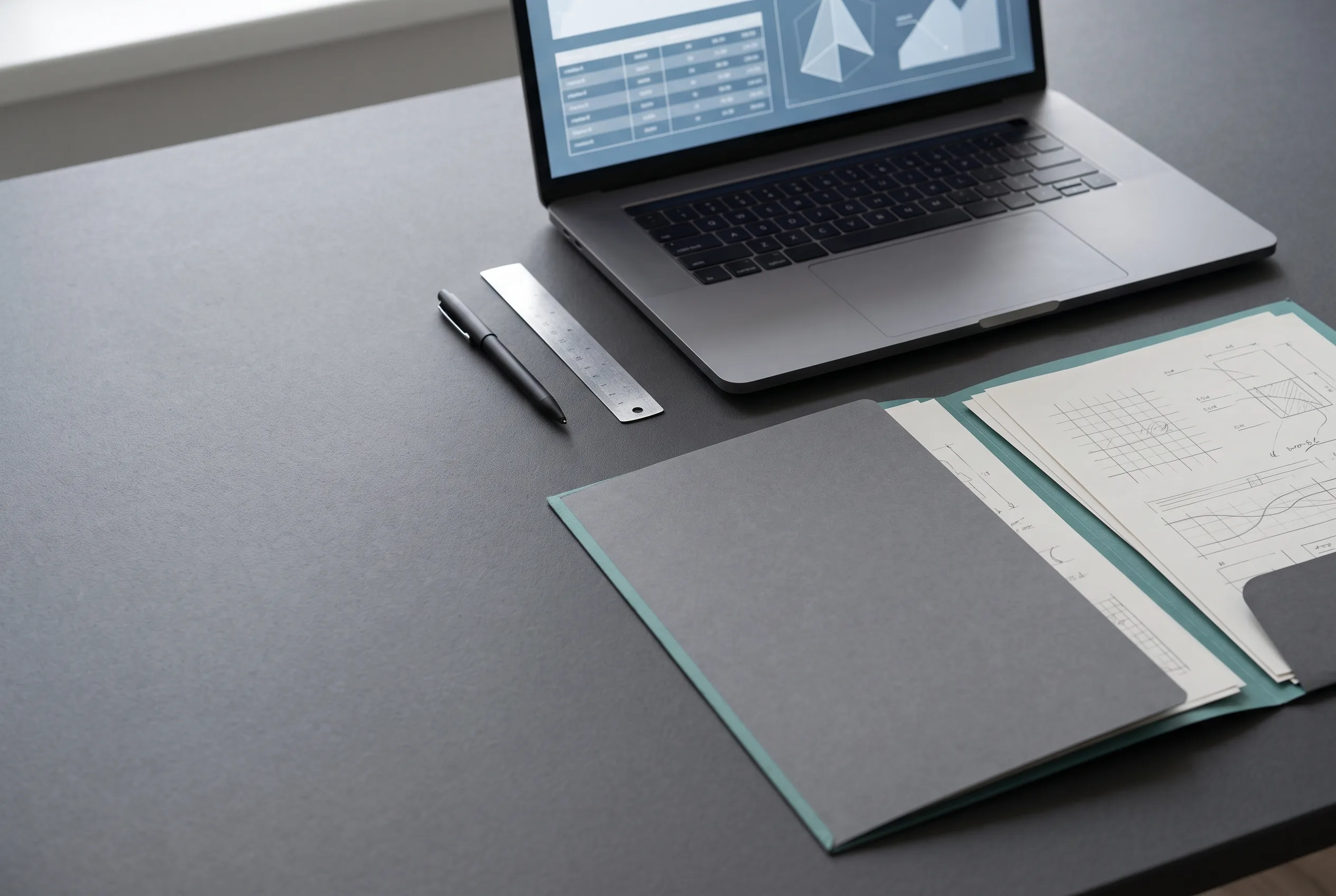 AI-generated conceptual technical-planning desk with an unbranded laptop and anonymous paper documents.