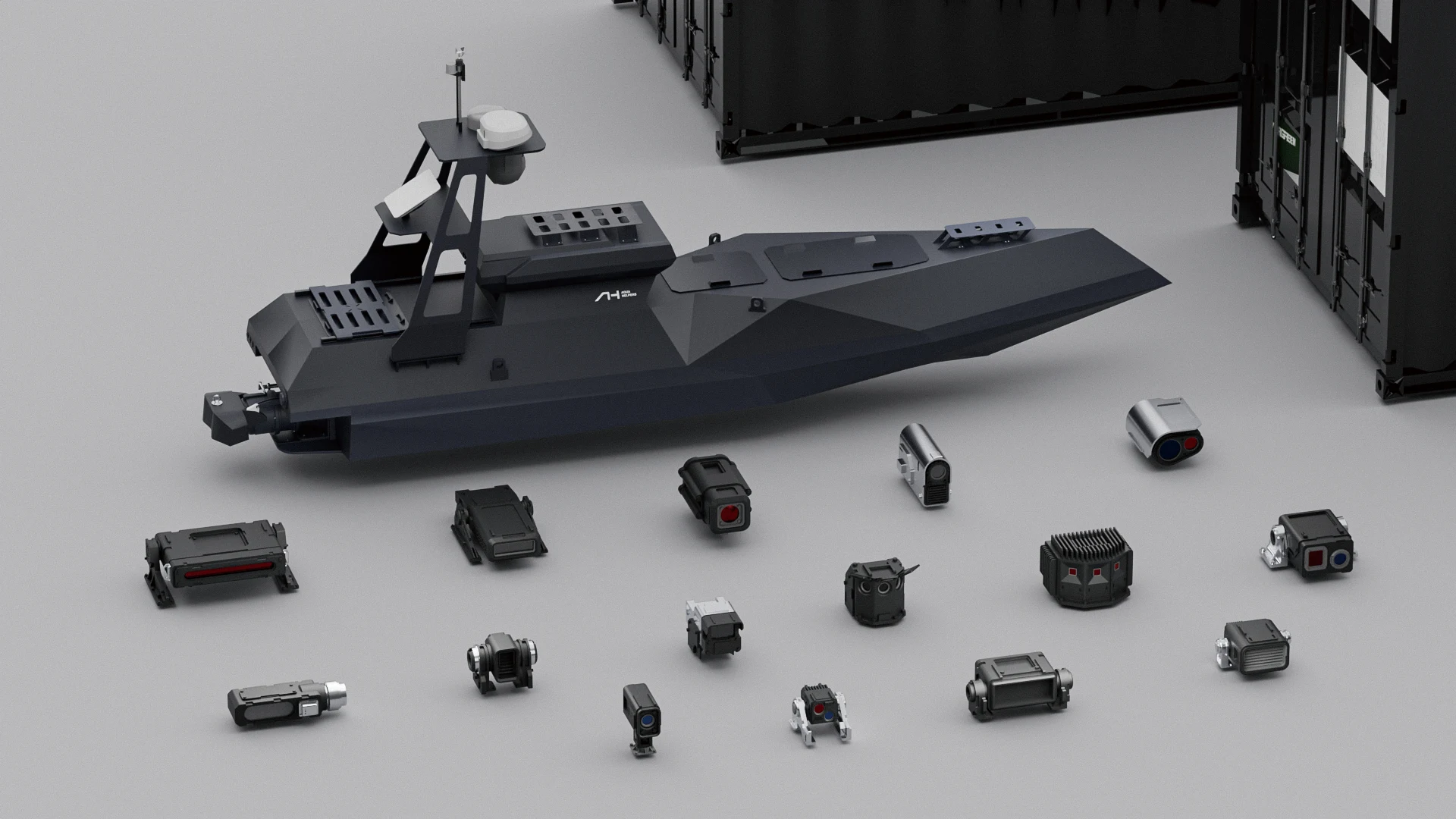 Aqua Helpers MANTA angular black vessel in a manufacturer render with separate equipment modules on the ground.