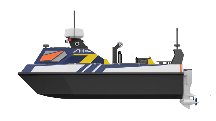 Side-view manufacturer render of the Aqua Helpers Seeker vessel with blue, yellow and orange hull detailing.