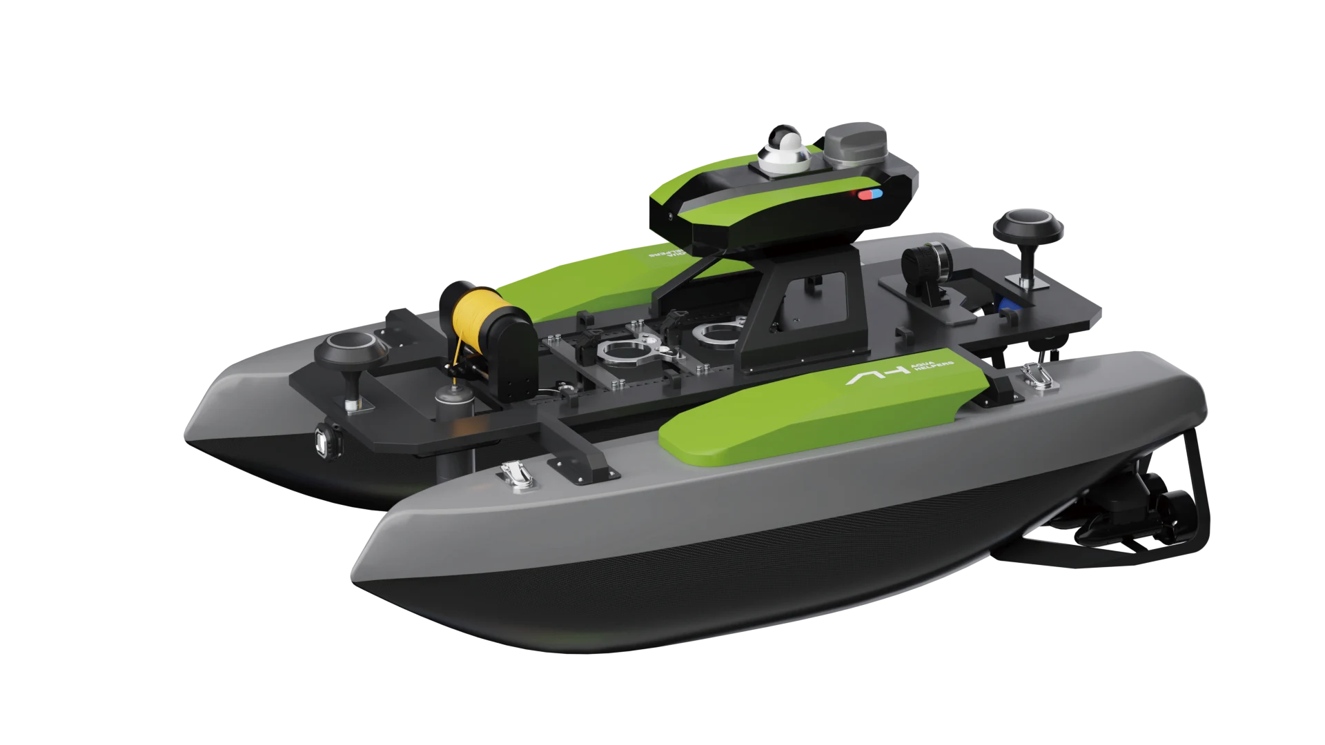 Aqua Helpers Orcalink catamaran with green and grey hull panels in an original manufacturer render with extraction artifacts.