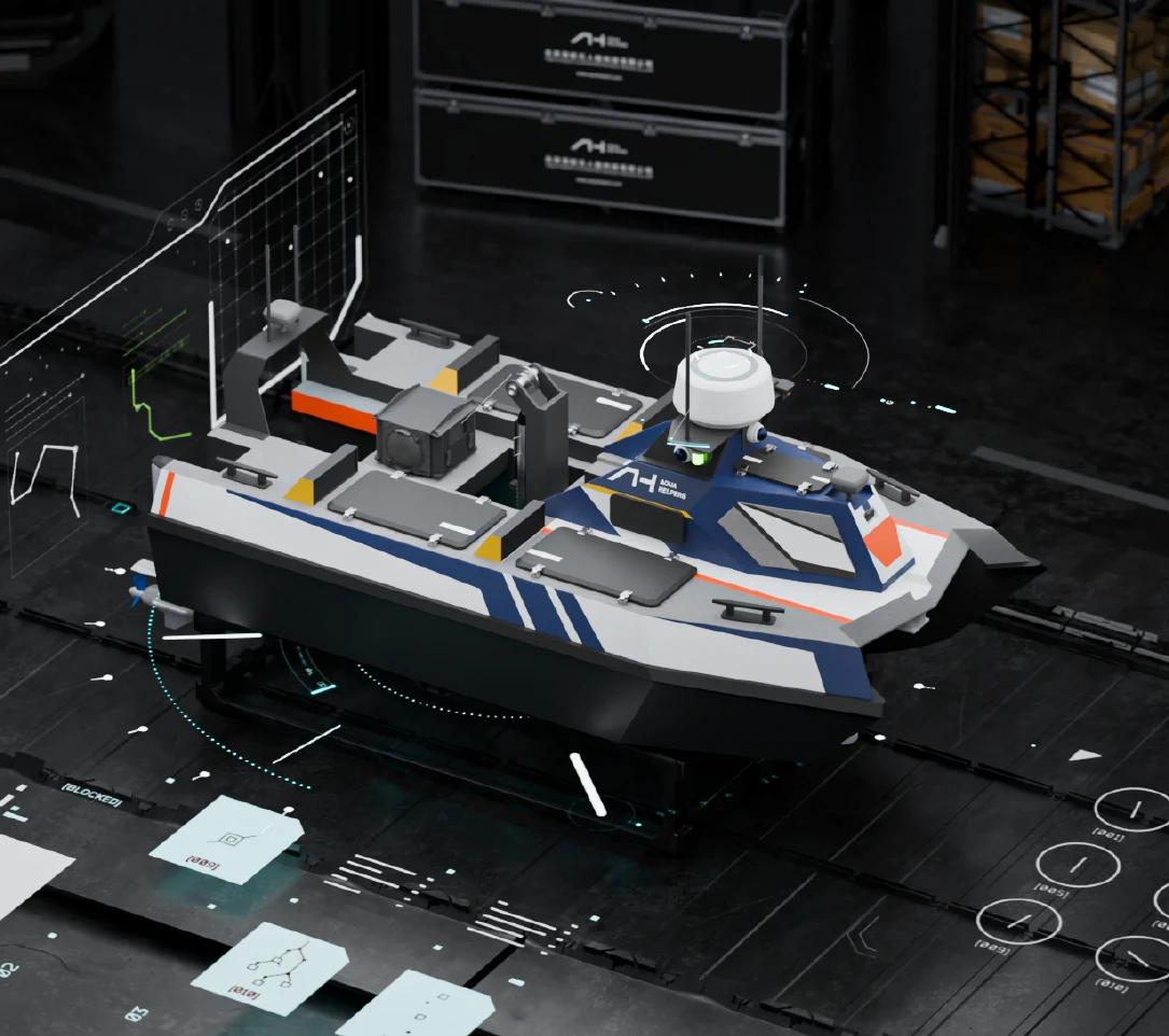 Aqua Helpers Seeker twin-hull vessel shown from above in a manufacturer render with technical graphics.