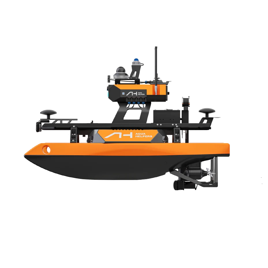 Side-view manufacturer render of the orange and black Aqua Helpers HUNTER-X surface vessel.