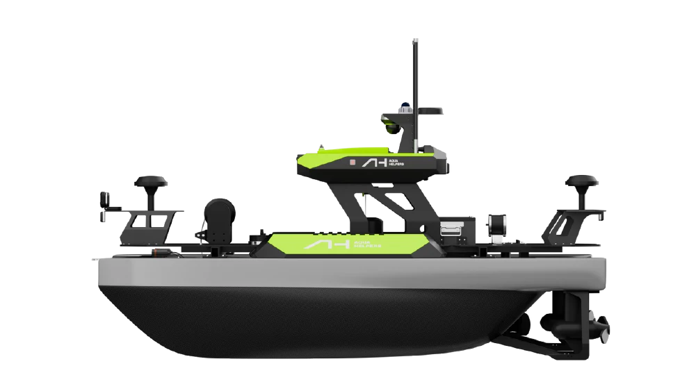 Original Aqua Helpers ORCALINK-X manufacturer render with green and grey catamaran hulls and visible brochure-extraction stripes.
