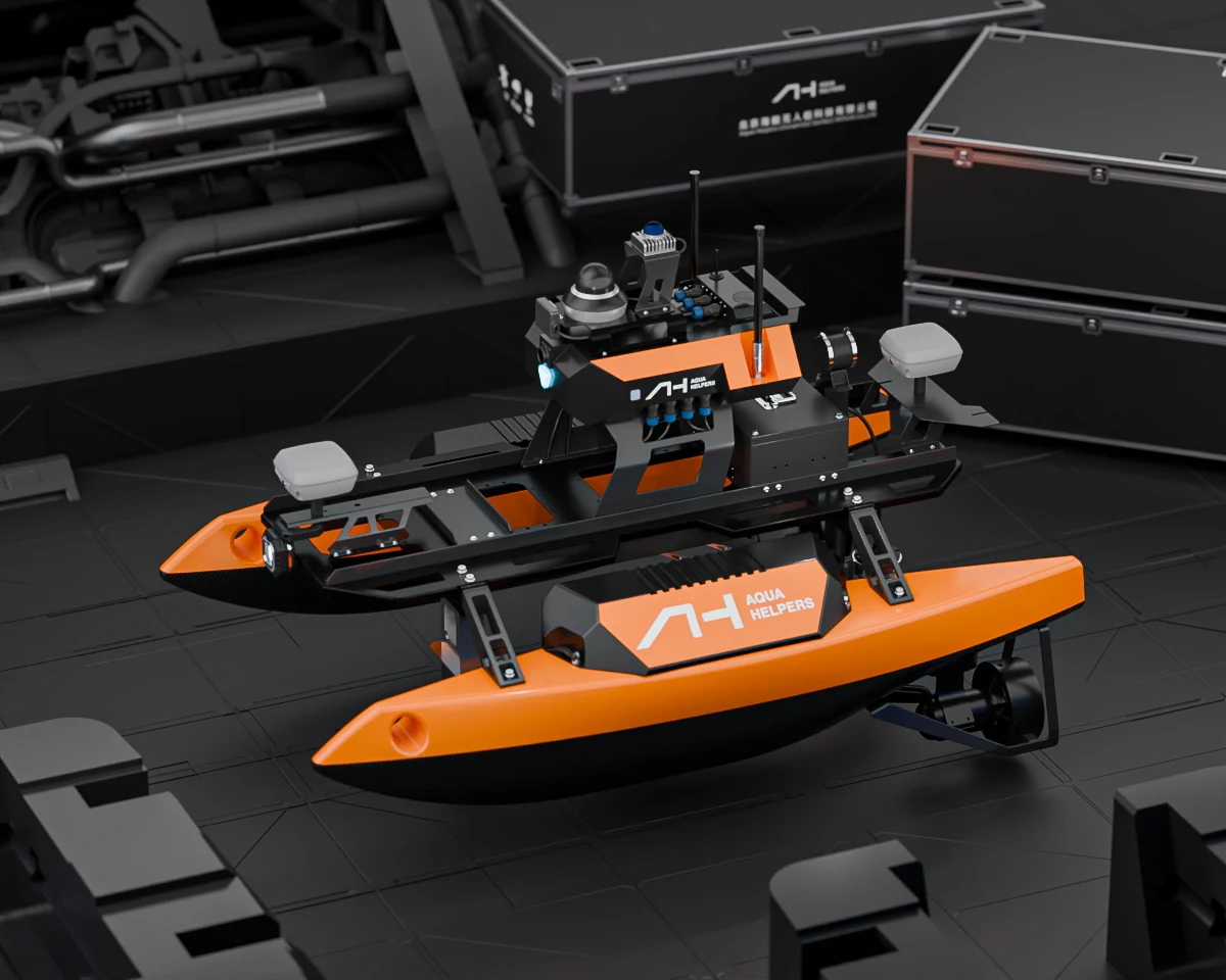 Aqua Helpers HUNTER-X catamaran in a manufacturer-rendered workshop setting, not Aqua Robot Supply's actual facility.