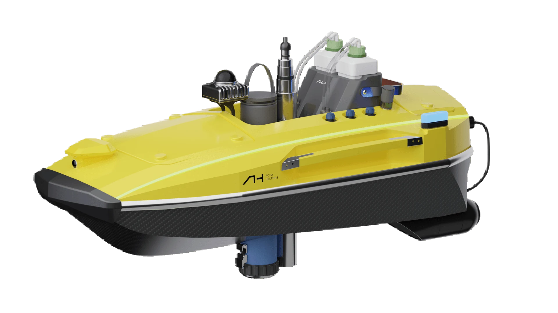 Aqua Helpers KOI yellow unmanned surface vessel shown in a white-ground manufacturer render.
