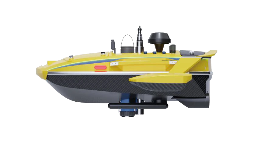 Manufacturer side-view render of the yellow and black Aqua Helpers KOI with a side float and mounted equipment.
