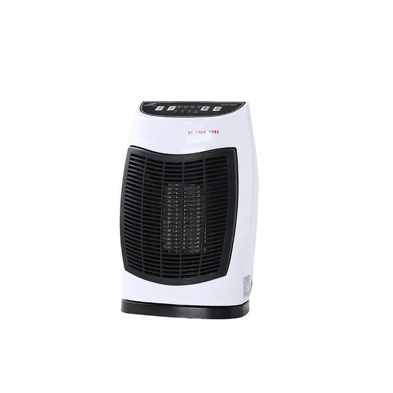 Vue avant oblique d’origine du chauffage PTC blanc WJD1302R avec grille noire et commandes sur le dessus