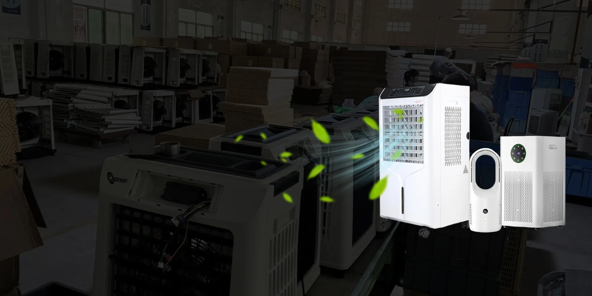 Wanjiada air cooler, portable fan and air purifier arranged over a factory production photograph