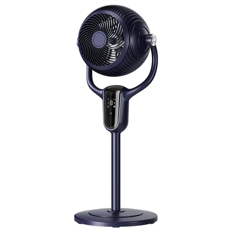 Originalaufnahme des dunklen WJD22D-2-Standventilators mit gabelförmiger Kopfhalterung und Bedienanzeige an der Standsäule