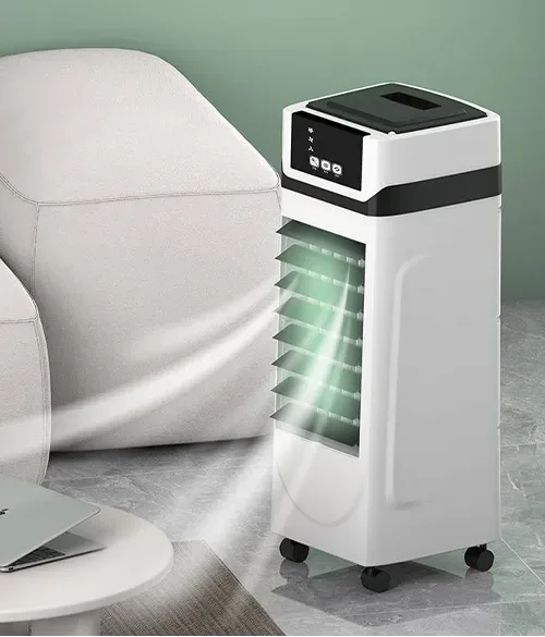 Residential application illustration with an air cooler beside a sofa