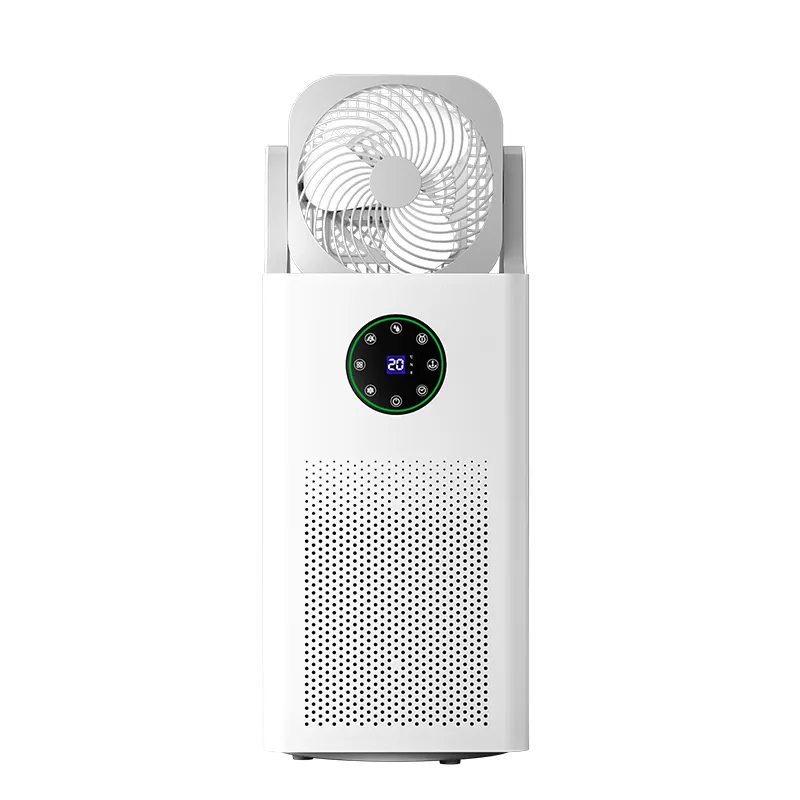 Vue d’origine du purificateur blanc WJD8060B avec ventilateur de circulation placé au-dessus du panneau de commande avant