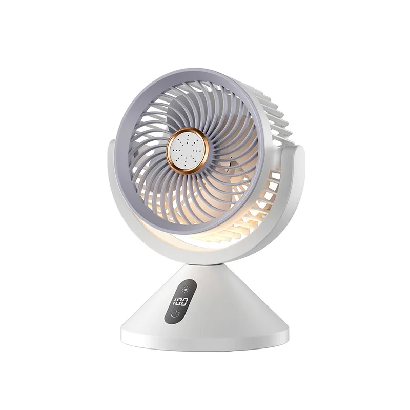 Photo d’origine du ventilateur de table Y7 avec socle blanc et grille circulaire