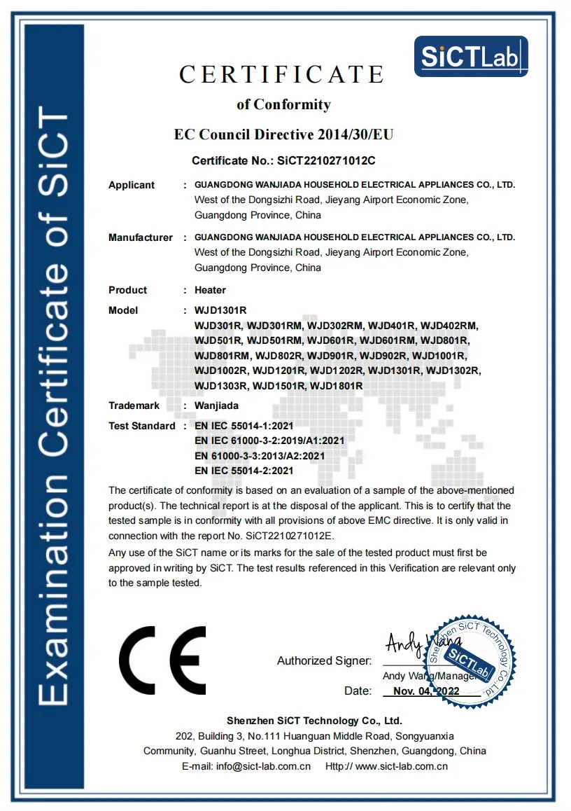 Certificado EMC SiCT2210271012C para aquecedores