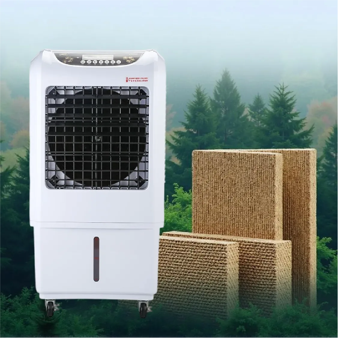 Ursprüngliche Bildmontage des WJD2800F-2Z und Kühlpads vor einer Waldkulisse