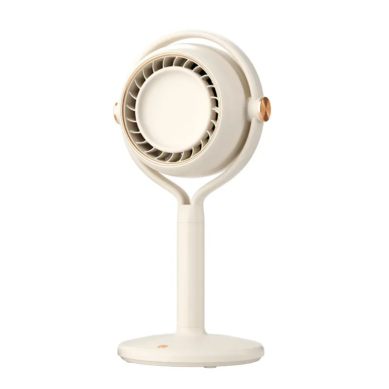 Vue d’origine sur fond blanc du ventilateur blanc Y-5 avec sortie d’air ronde, long pied et socle circulaire