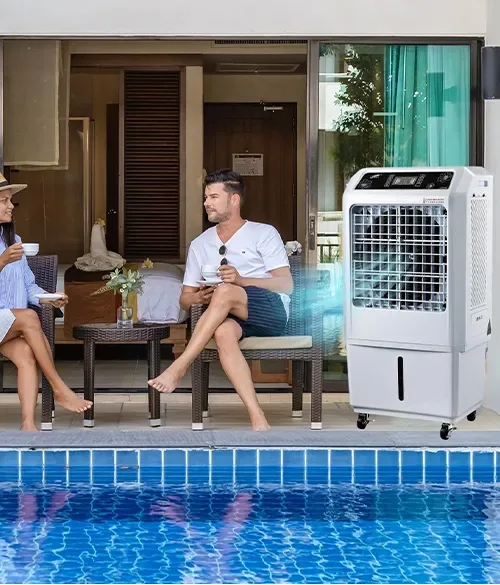 Hospitality application illustration with an air cooler beside poolside seating