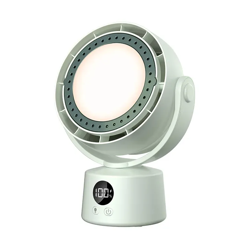 F05 original pale-green circular desk fan in a front three-quarter view