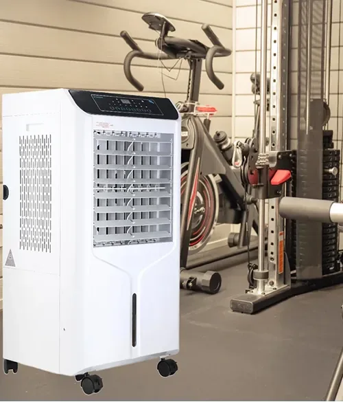 Gym application illustration with an air cooler beside exercise equipment