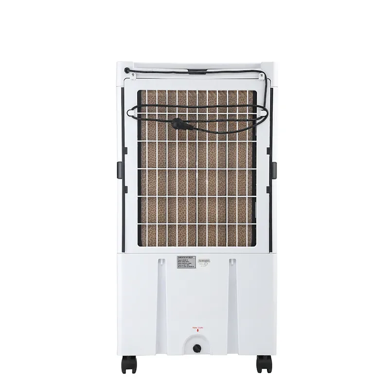Rear view of the WJD4500F-1D evaporative cooler showing its rear grille and caster wheels