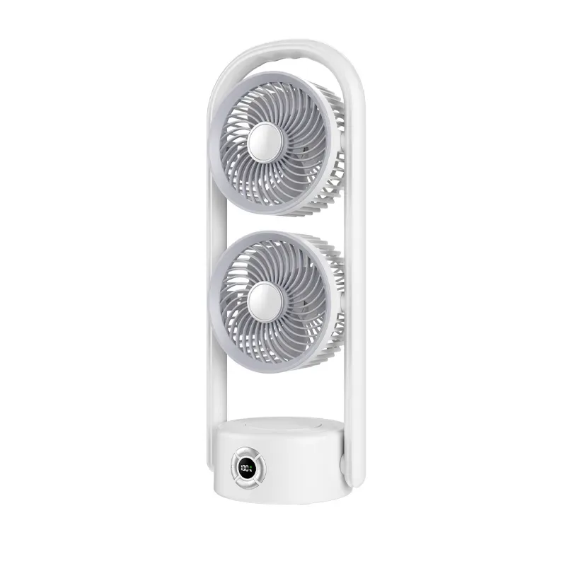Originalaufnahme des weißen mobilen Y9-Ventilators mit zwei Lüfterköpfen in einem hohen rechteckigen Rahmen und runder Anzeige am Sockel