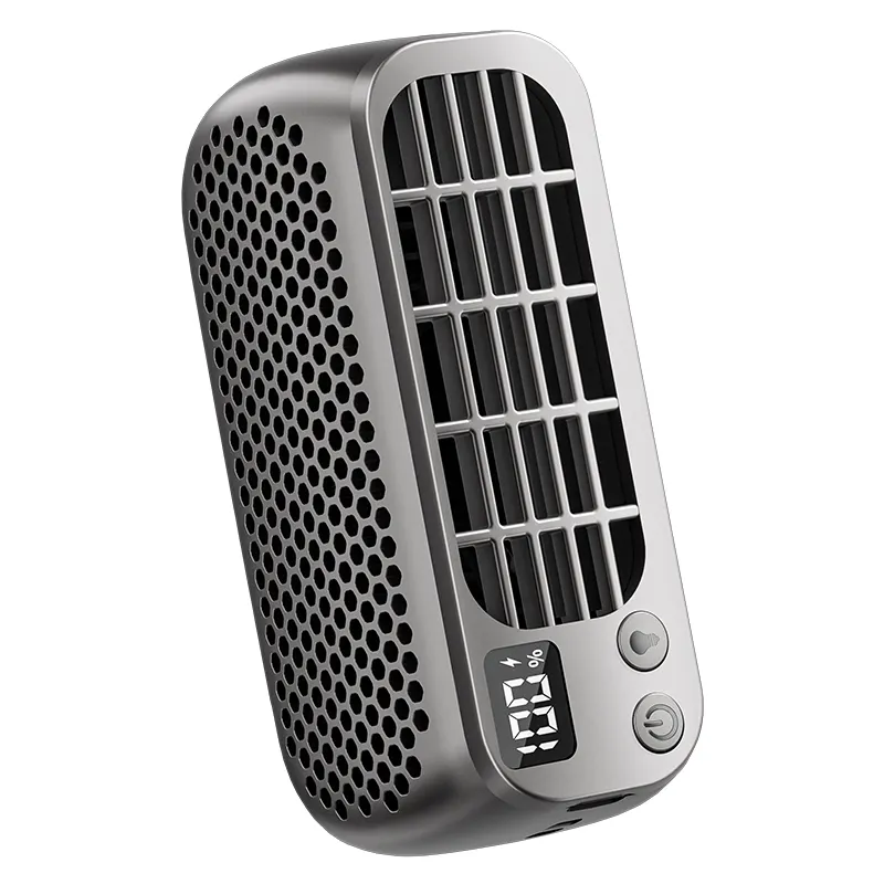 F02 original black compact personal fan with a rectangular outlet, side grille and two controls