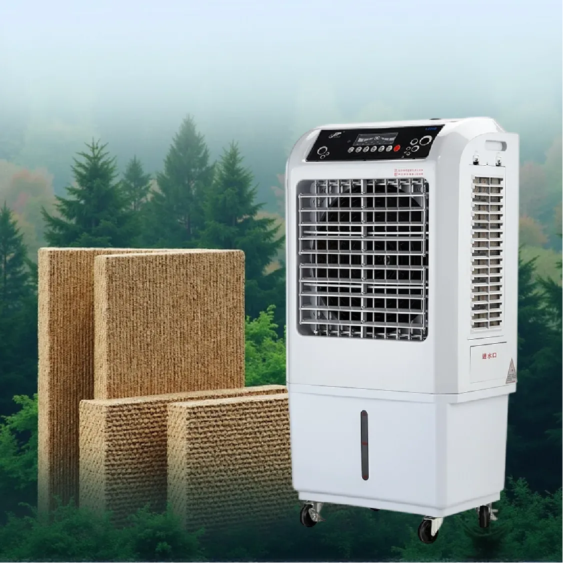 Ursprüngliche Bildmontage des WJD2800F-1Z und Kühlpads vor einer Waldkulisse