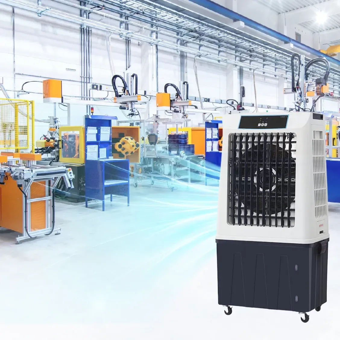 WJD8000F-1Z superposé à une scène d’usine avec flux d’air illustré