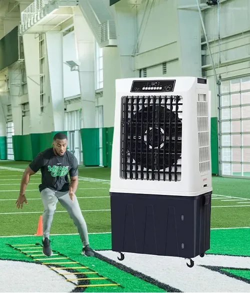 Athletics application illustration with an air cooler beside an indoor training area