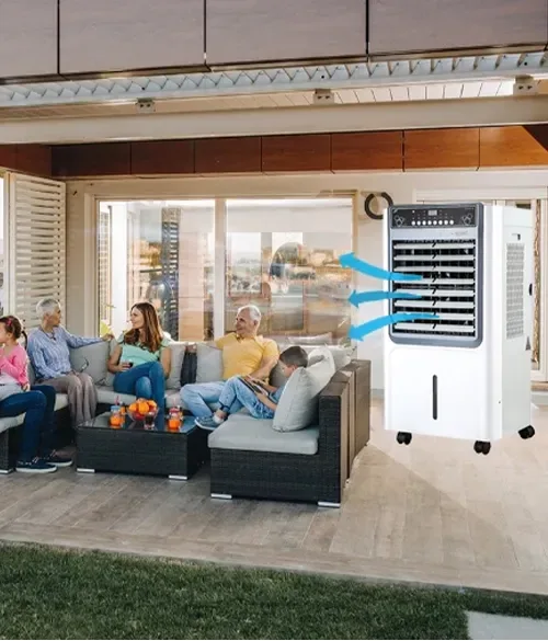 Patio application illustration with an air cooler beside covered outdoor seating