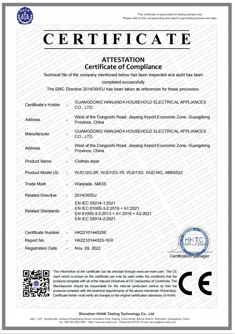 Declaração EMC HK2210144525E para secadores de roupas