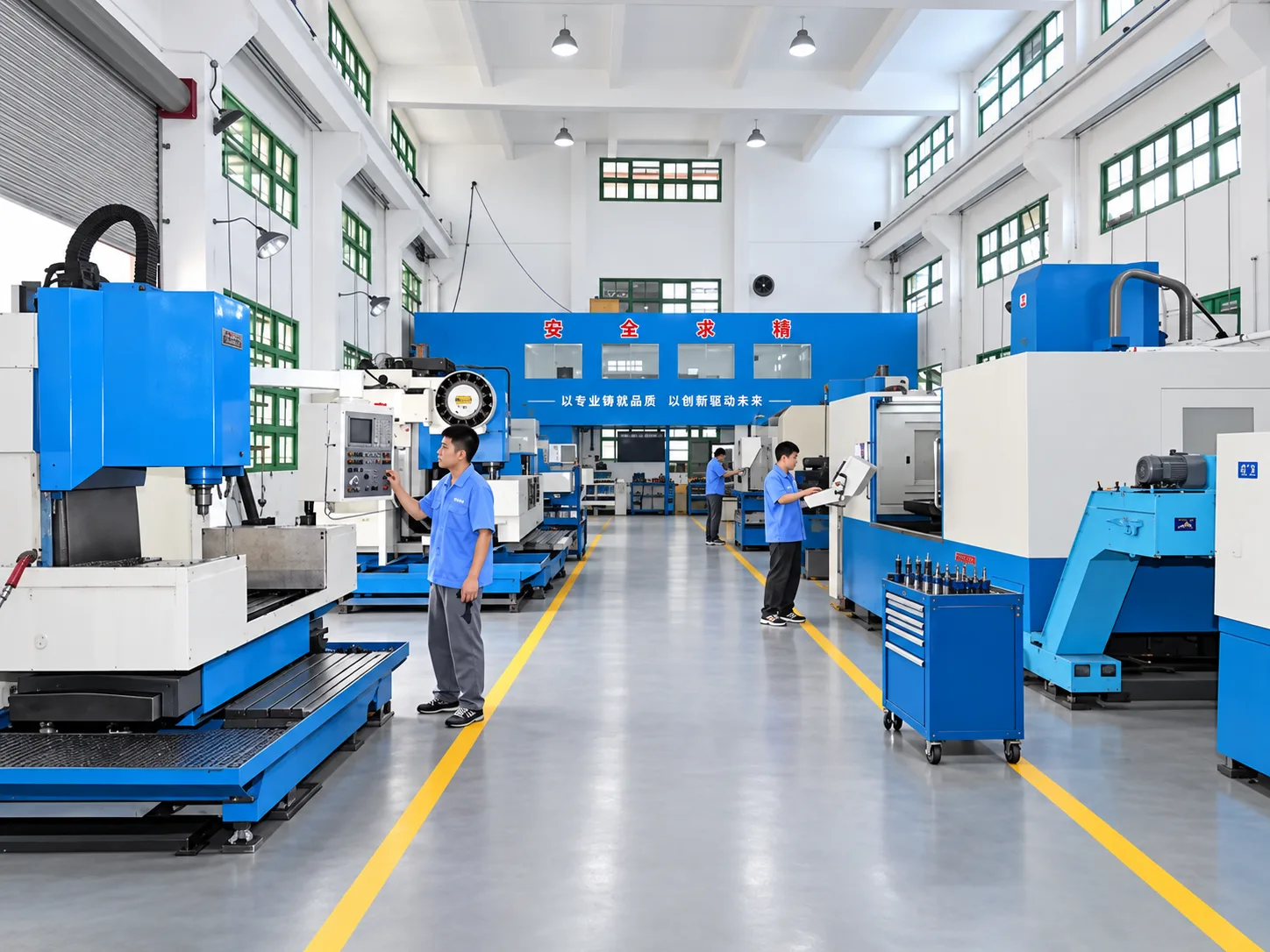 Workers operating machines in a bright CNC workshop